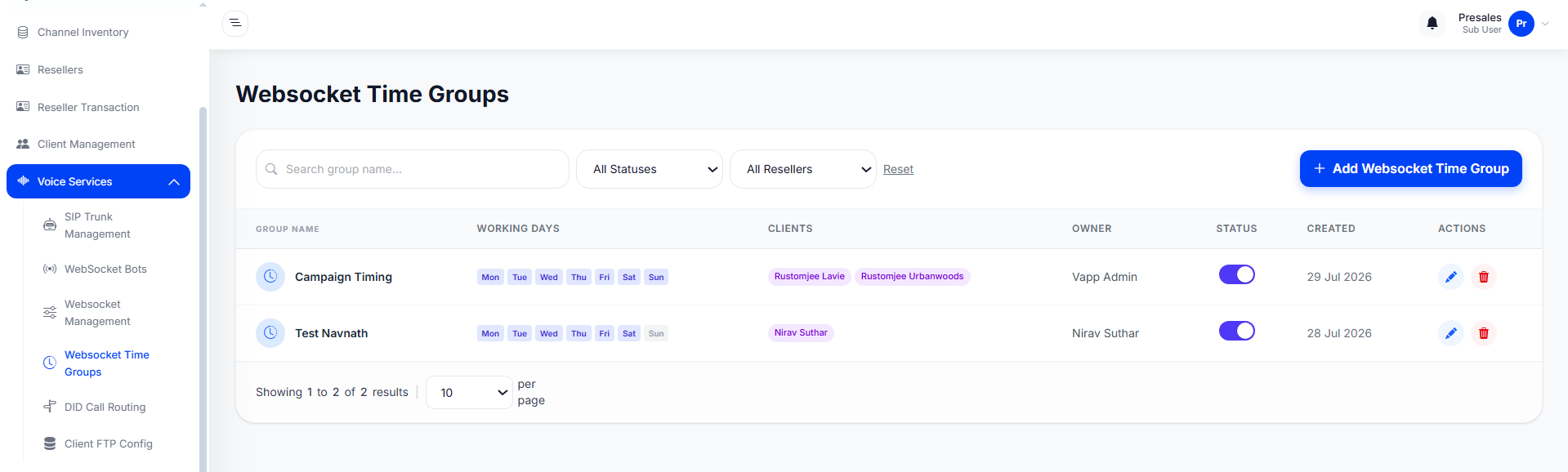 WebSocket Time Group Management